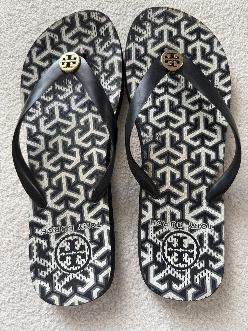 Tory Burch Black and Gold Logo Flip Flop Sandals